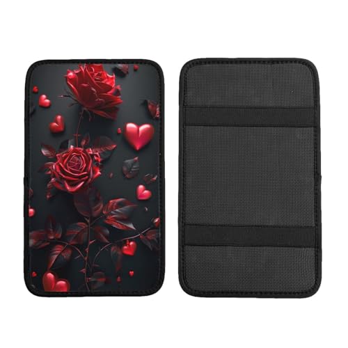 Universal Car Center Console Cushion Pad, Red Rose Soft Waterproof Car Center Console Cover Auto Armrest Seat Box Cover Protector for Most Vehicle SUV Truck Car - color: Red Rose
