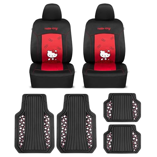 Carbella Hello Kitty Car Seat Covers & Rubber Floor Mats Set - Black/Red Front Seat Covers with 4pc Heavy Duty Non-Slip Car Mats for Cars Trucks SUVs, Cute Hello Kitty Car Accessories for Women Men - color: Covers & Rubber Mats-Red-Black, style: Hello Kit