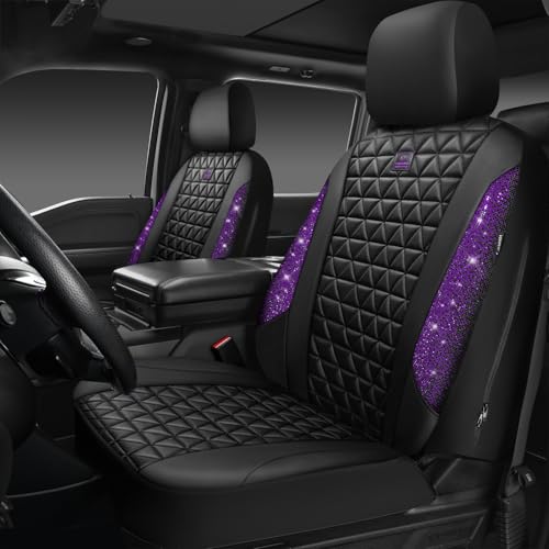 CAR PASS Bling Diamond Leather Car Seat Covers Full Seats Interior Sets, Waterproof Shining Glitter Sparkly Crystal Universal Armrest Fit Automotive Truck SUV Cute Women Girl, Black Purple Rhinestone - color: Purple Rhinestone, size: Full Set