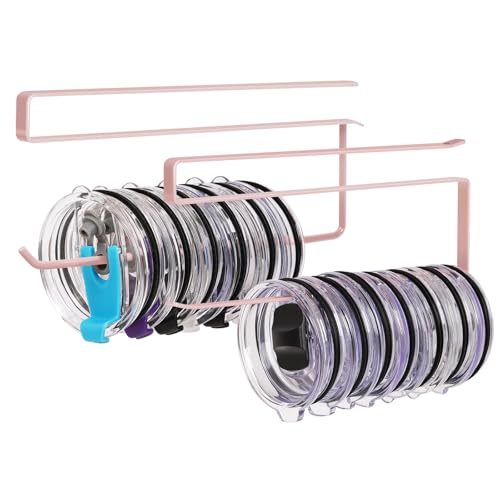 2 Pack Tumbler Lid Organizer, Horizontal Tumbler Lid Storage Hook Up to 20 Lids, Space Saving Cup Lid Holder Under Cabinet Tumbler Lid Hook for Kitchen Organizer, Paper Towel Hanger(Round&Flat, Pink) - color: Pink, size: 2 Pack(Round&Flat)