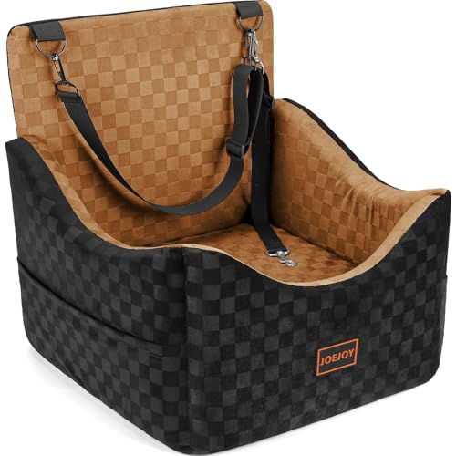 JOEJOY Elevated Dog Car Seat for Small/Medium Dogs up to 35 lbs, Memory Foam Booster Seat with Detachable Washable Cover, Travel-Safe Car Bed with Safety Belts & Storage Pockets, Brown - color: Brown, size: Medium