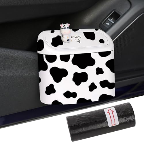 Car Cow Print Trash Can - White Garbage Organizer Holder with Black Trash Bag Rolls, Cute Automotive Dustbin for Most Cars Interior Accessories (1, White)