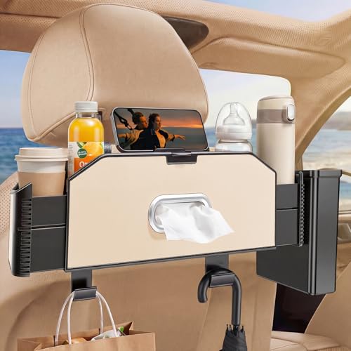 5-in-1 Back Seat Car Organizer and Storage with Extendable Cup Holder, Tissue Holder, Phone Holder, Hanging Hooks, Trash Bin, Back of Seat Car Headrest Organization Accessories for Women Man - color: Beige