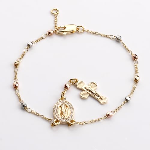Gold Plated Beads Catholic Guadalupe Car Rearview Mirror Rosary Hanging Charm Chain for Women with Gift Box - color: Faceted Beads