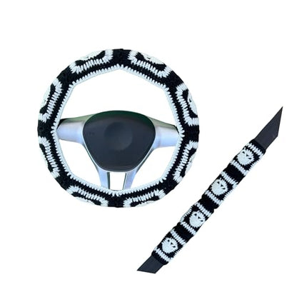 Crochet Steering Wheel Cover,Handmade Rock and Roll Skull Steering Wheel Cover, Skull Wheel Covers Cool Girl & Men, Skeleton Wheel Covers 14-15 in (Wheel Cover Set) - color: Wheel cover set