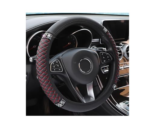 Bling Soft Leather Steering Wheel Cover, 15 Inch Colorful Rhinestones Auto Elastic Steering Wheel Protector, Sparkly Crystal Diamond for Women Girls, Car Accessories for Most Cars (Black/Red) - color: Black/Red