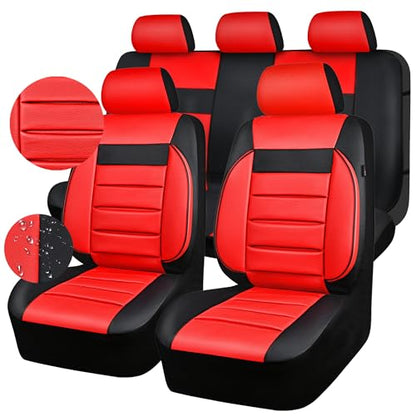 CAR PASS Leather Seat Covers Full Set Universal Water Resistant 3D Foam Back Support, Luxury Comfort Automotive 5 Seat Covers All Season Fit for SUV,Sedan,Van, Airbag Compatible Elegance (Black Red) - color: Black and Red