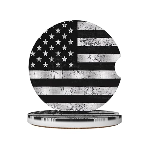 Black White American Flag Absorbent Ceramic Car Coasters for Cup Holders, 2.56" Anti Slip Insert Cup Coasters for Women Men (2 PCS) - color: Black White American Flag