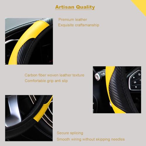 Ultra Fine Carbon Fiber Leather Steering Wheel Cover, Anti Slip and Sun Protective Protect The Steering Wheel, Easy to Install,Universal of 14.5"-15" (Yellow) - color: Yellow