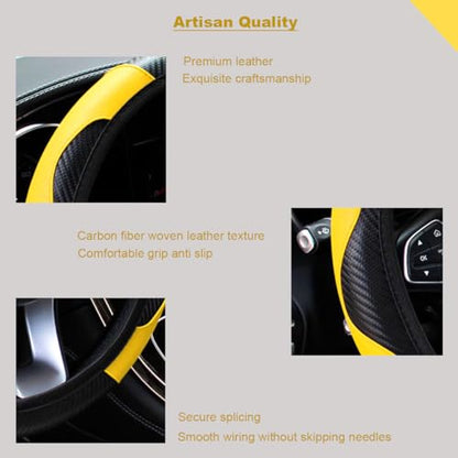 Ultra Fine Carbon Fiber Leather Steering Wheel Cover, Anti Slip and Sun Protective Protect The Steering Wheel, Easy to Install,Universal of 14.5"-15" (Yellow) - color: Yellow