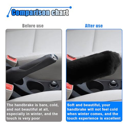 2PCS Plush Car Gear Shift Knob Cover & Handbrake Cover, Soft Fluffy Shift Knob Brake Handle Protector, Universal Car Interior Accessories (Black) - color: Black