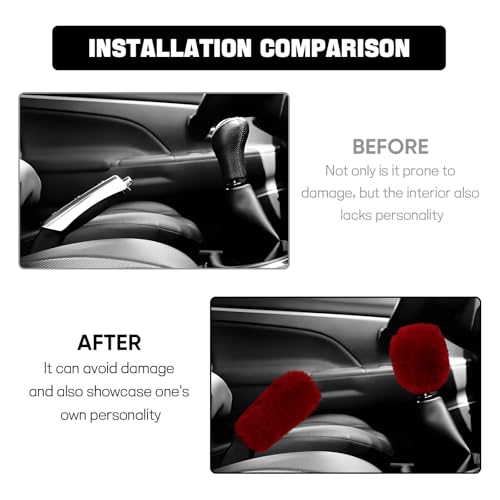 Hovom 2PCS Fluffy Car Gear Shift Knob Cover & Handbrake Cover, Soft Plush Hand Brake Handle & Gear Shift Cover for Women Girls, Universal Comfortable Warm Furry Car Accessories (Wine Red)