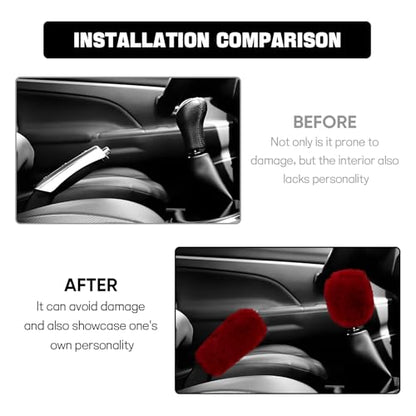 Hovom 2PCS Fluffy Car Gear Shift Knob Cover & Handbrake Cover, Soft Plush Hand Brake Handle & Gear Shift Cover for Women Girls, Universal Comfortable Warm Furry Car Accessories (Wine Red)