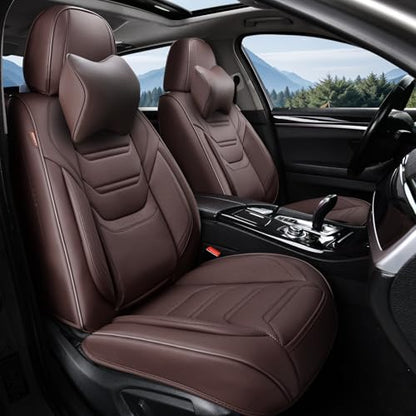 TIEHESYT Mature Brown Car Seat Covers, Breathable Faux Leather, Universal Fit, Front Pair with Headrest, Compatible with Most Vehicles - color: Coffee, size: Front Pair
