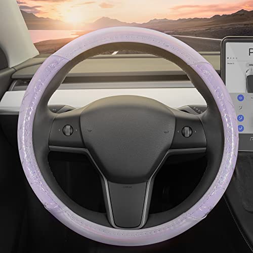 Carbella Purple Holo Bling Steering Wheel Cover, Standard 15 Inch Size Fits Most Vehicles, Cute Shiny Crackle Car Steering Cover with Holographic Foil Glitter Like Detail, Car Accessories for Women - color: Purple Holo