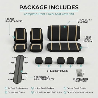 FH Group Car Seat Covers Unique Flat Cloth Full Set Automotive Seat Covers Front Set and Rear Solid Bench Beige Black Seat Covers w. Gift Universal Fit Interior Accessories for Cars Trucks and SUVs - color: Beige