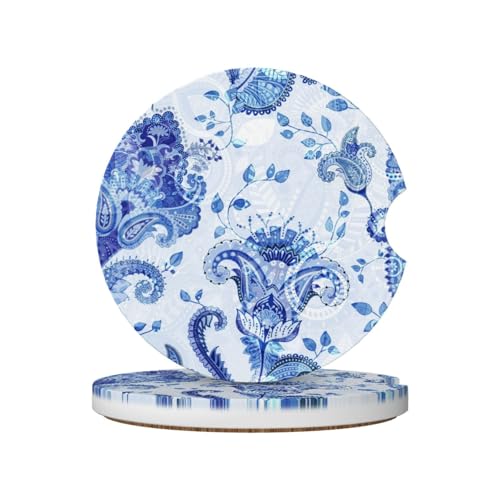 Floral Paisley Pattern 2 Pack Car Cup Holder Coasters Absorbent Ceramic Drink Coasters 2.56" Universal Anti Slip Cup Mat with Cork Base and Finger Notch Auto Accessories Interior for Women Men - color: Clear
