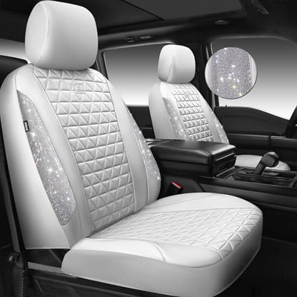 CAR PASS All White Bling Diamond Leather Car Seat Covers Full Sets,Waterproof Shining Glitter Sparkly Crystal Universal Fit for Automotive Truck SUV Cute Women Girl Airbag Compatable,Sliver Rhinestone - color: All White Rhinestone, size: Full Set