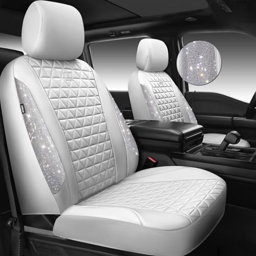 CAR PASS All White Bling Diamond Leather Car Seat Covers Full Sets,Waterproof Shining Glitter Sparkly Crystal Universal Fit for Automotive Truck SUV Cute Women Girl Airbag Compatable,Sliver Rhinestone - color: All White Rhinestone, size: Full Set