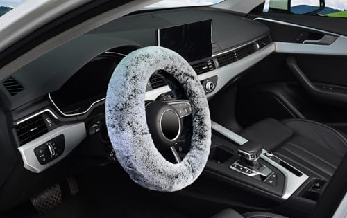 KAFEEK Frost Fluffy Microfiber Plush Steering Wheel Cover for Winter Warm, Universal 15 inch Soft Fuzzy Steering Wheel Cover,Cool Black - color: gray, size: Standard Size[14 1/2''-15'']