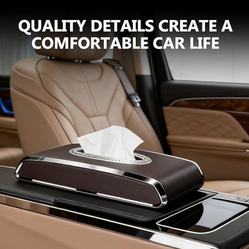 Faux Leather Car Tissue Holder for Interior, Multi-Function Tissue Box, Armrest & Back Seat Tissue Organizer, Sleek Kleenex Holder (Brown Flat)