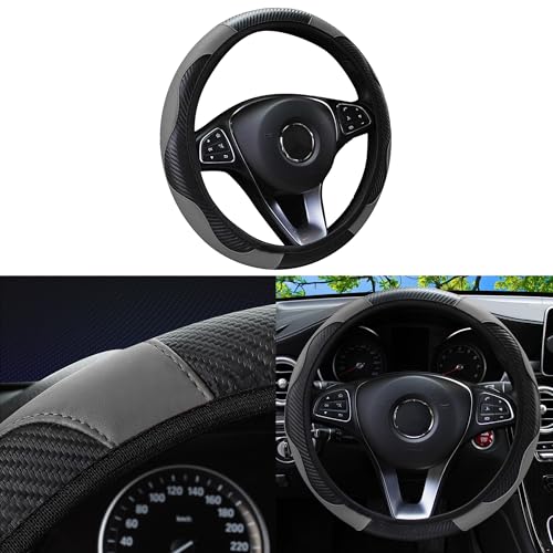 Car Steering Wheel Cover, 15 inch Carbon Fiber Microfiber Anti-Slip Breathable PU Leather Elastic Steering Wheel Protector, Car Interior Accessories for Most Cars (Gray) - color: Gray