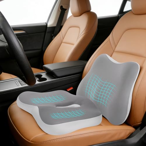 Car Seat Cushion & Lumbar Support Set, Memory Foam Seat Cushion for Long Sitting & Driving, Ideal for Truck Bus Van Drivers, Office Chair Cushion Set (Gray) (Gray) - color: Gray
