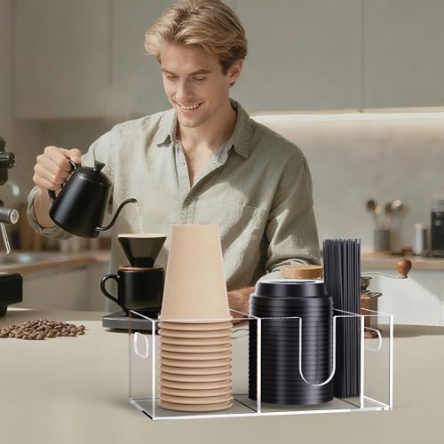 Acrylic Coffee Cup Holder for Countertop, Coffee Bar Accessories and Organizer - Coffe Station Organizer for Cup Lid Stirrers Pod