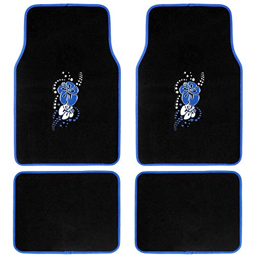 Blue Hawaiian Flower Design Carpet Car Floor Mats for Auto Van Truck SUV 4pc Front & Rear Full Set with Anti-Slip Rubber Backing Universal Fit - color: Hawaiian Flower Blue