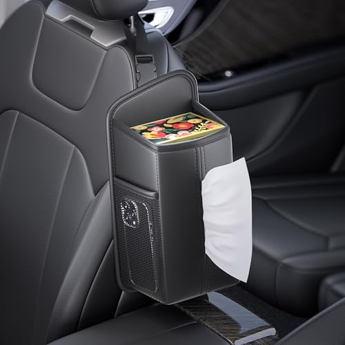 Car Tissue Holder for Front Seat, Headrest Organizer with 2 Side Mesh Pockets for Phones & Cards, L-Square Tissue Box Cover Holds 150 Tissues, Durable PU Leather