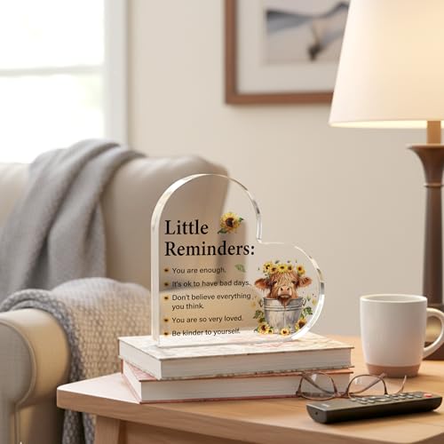 Inspirational Highland Cow Gifts for Women Men, Motivational Positive Affirmation Highland Cow Decor Gifts for Friend Sister Coworkers, Heart Acrylic Self Care Desk Sign, Mental Health Birthday Housewarming Gift