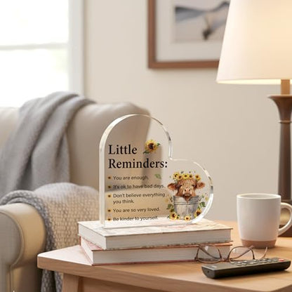 Inspirational Highland Cow Gifts for Women Men, Motivational Positive Affirmation Highland Cow Decor Gifts for Friend Sister Coworkers, Heart Acrylic Self Care Desk Sign, Mental Health Birthday Housewarming Gift