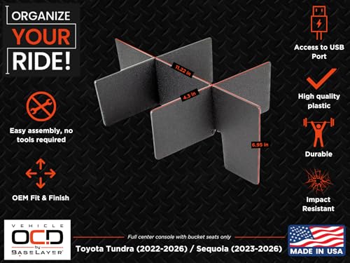 Vehicle OCD - Center Console Organizer for Toyota Tundra (2022-2026) / Toyota Sequoia (2023-2026) – Made in USA - NOT Compatible with Center Console Safe - SLX178 - size: 2022-2026, style: Center Console Organizer