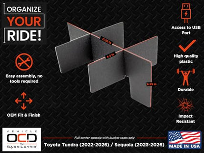 Vehicle OCD - Center Console Organizer for Toyota Tundra (2022-2026) / Toyota Sequoia (2023-2026) – Made in USA - NOT Compatible with Center Console Safe - SLX178 - size: 2022-2026, style: Center Console Organizer