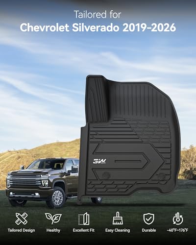 3W Floor Mats Fit for 2019-2024 2025 Chevy Silverado/GMC Sierra 1500 & 2020-2024 2025 Chevrolet Silverado/GMC Sierra 2500 HD/3500HD Crew Cab TPE All Weather Custom Fit, with Factory Carpeted Storage - size: Chevy Silverado & GMC Sierra Floor Mats