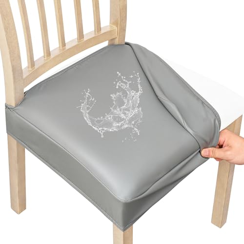 Smiry Waterproof Pu Leather Seat Covers for Dining Room Chairs Set of 4, Stretch Fit Removable Washable Kitchen Chair Seat Slipcovers Protector, No Rear Covers, Grey - color: Grey, size: Set of 4