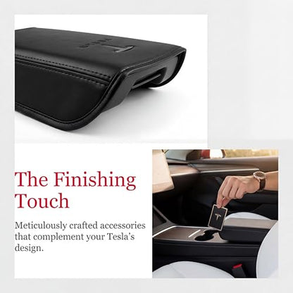 Center Console Armrest Cover for Tesla Model 3 2017-2023 & Model Y 2020-2025 - Black Genuine Leather Armrest Protector, Scratch Resistant Interior | Easy Install Skin with Bonus Key Card Holder - color: Black