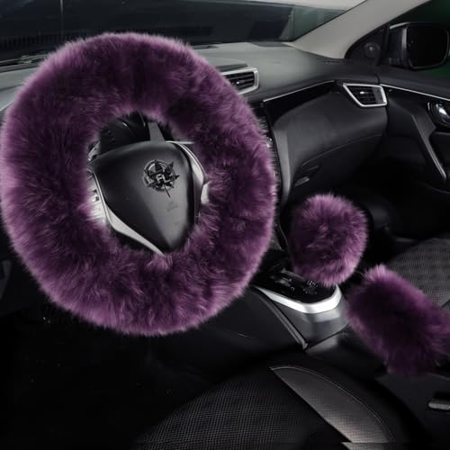Fuzzy Genuine Sheepskin Steering Wheel Cover Set for Women Parents-Fluffy Soft Australian Merino Wool Wrap with Gear Shift and Hand Brake Covers, Cozy Stylish Luxury Car Accessories (Lavender Purple) - color: Lavender Purple