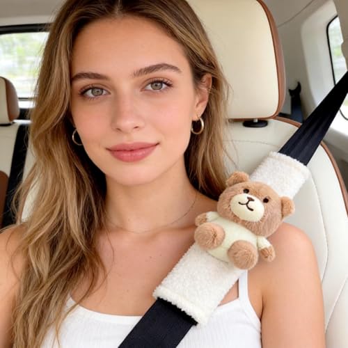 2 PCS Seat Belt Cover Pad, Cute Kawaii Animal Bear Seatbelt Covers for Kids and Adults, Winter Plush Fluffy Soft Seat Belt Cover, Cartoon Seatbelt Cushion,Car Seat Strap Pads (D-Bear) - color: D-Bear