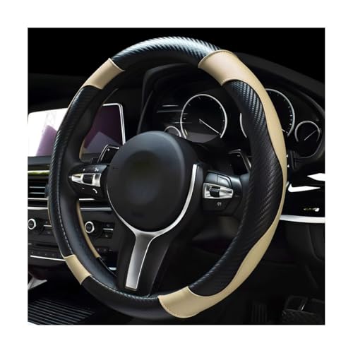 DXNQ Car Steering Wheel Cover, 15 Inch Carbon Fiber Leather Stitching Color Steering Wheel Protector, Anti-Slip Elastic Breathable Steering Wheel Cover Stylish Decor for Most Cars (Black & Beige) - color: Black & Beige