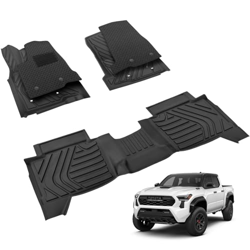 Floor Mat with First Row Carpets Custom Fit Tacoma 2024 2025 2026, All Weather TPE Floor Mats for Toyota Tacoma 1st & 2nd Row Full Set Cargo Liner(Black) - color: Floor Mats & Front Row Carpets(Black)