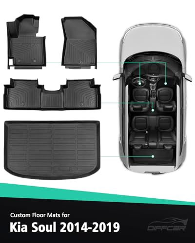 DiffCar® for Kia Soul Floor Mats & Cargo Liner 2014 2015 2016 2017 2018 2019 (Not for Hybrid) | All-Weather Custom Fit Car Accessories for Kia Soul Interior Protection | TPE Floor Trunk Mats 4PCS Set