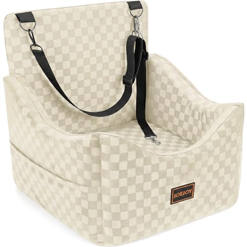 JOEJOY Elevated Dog Car Seat for Small/Medium Dogs up to 35 lbs, Memory Foam Booster Seat with Detachable Washable Cover, Travel-Safe Car Bed with Safety Belts & Storage Pockets, Beige - color: Beige, size: Medium