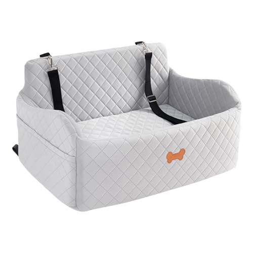 Car Seat for Large Size Dog, Booster Seat for Dogs Under 55 lbs or 2 Small Dogs, Soft Car Dog Bed Filling in Thick Memory Foam with 2 Safety Leashes and Storage Pocket (Grey) - color: Grey