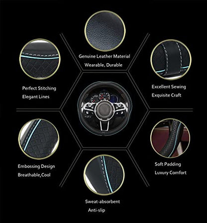 Car Steering Wheel Cover,Anti-Slip, Safety, Soft, Breathable,Heavy Duty, Thick,Full Surround,Sports Style (Black with Light Blue Line) - color: Black with Light Blue Line