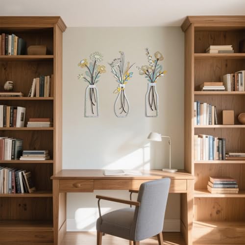 YAKii 3 Pieces Metal Flowers Wall Decor Metal Vase Wall Art Minimalist Floral Wall Sculpture Hanging for Living Room Bathroom Bedroom Kitchen Dining Room Perfect Housewarming Gifts(Beige Gold)