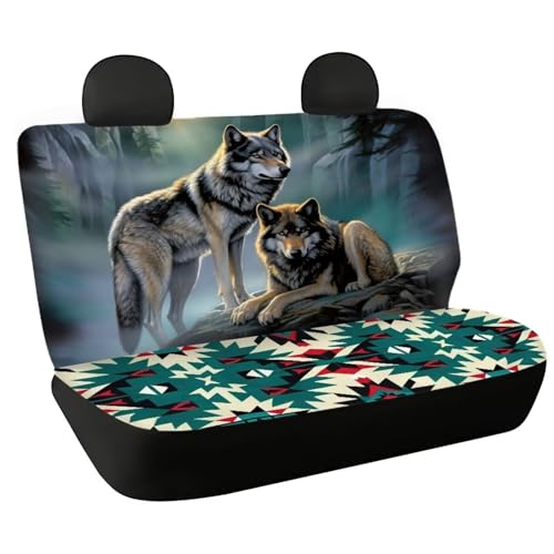 WELLFLYHOM Wolf Moon Car Seat Cover for Cars for Men Southwest Aztec Rear Bench Seat Covers for Truck SUV Van Universal Fit Tribal Navajo Car Accessories Saddle Blanket Seat Protectors 2 Pack Set - color: 02 Wolf Moon