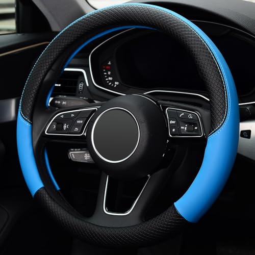 LABBYWAY Steering Wheel Cover, Universal Fit 15 Inch Microfiber Leather Car Wheel Protector, Anti-Slip, Blue - color: black&blue