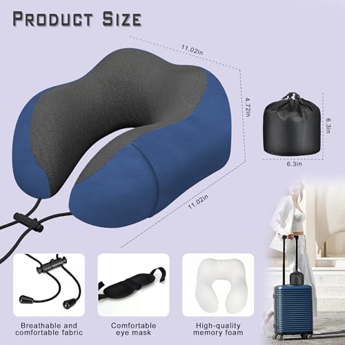 Neck Travel Pillow, Upgraded Memory Foam Pillow for Airplane, Machine Washable, Adjustable Flight Pillow, Suitable for Sleeping Airplane, Car, Office and Home (Blue)