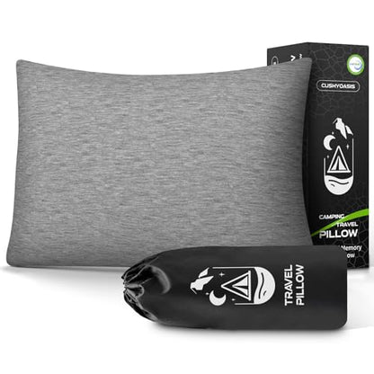 CushyOasis All-in-1 Camping Pillow Set - Shredded Memory Foam Neck Pillow Travel Pillow with Eye Mask, Earplugs, Washable Cover, Compact for Backpacking, Camping, Flights, Car Travel (Small Size) - size: Small
